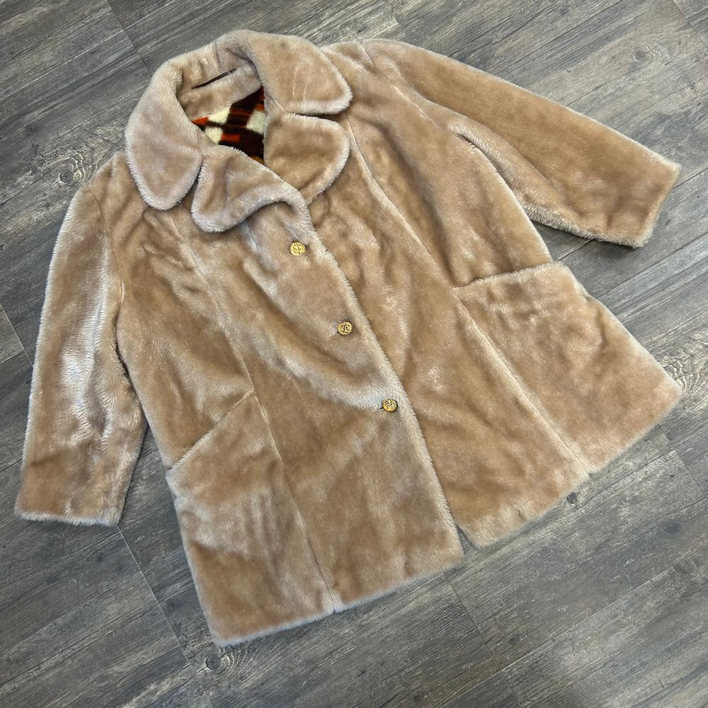 Vintage Sears Women Faux Fur Coat Teddy Bear‎ Tan NO SIZE TAG (L-XL) Button EUC
